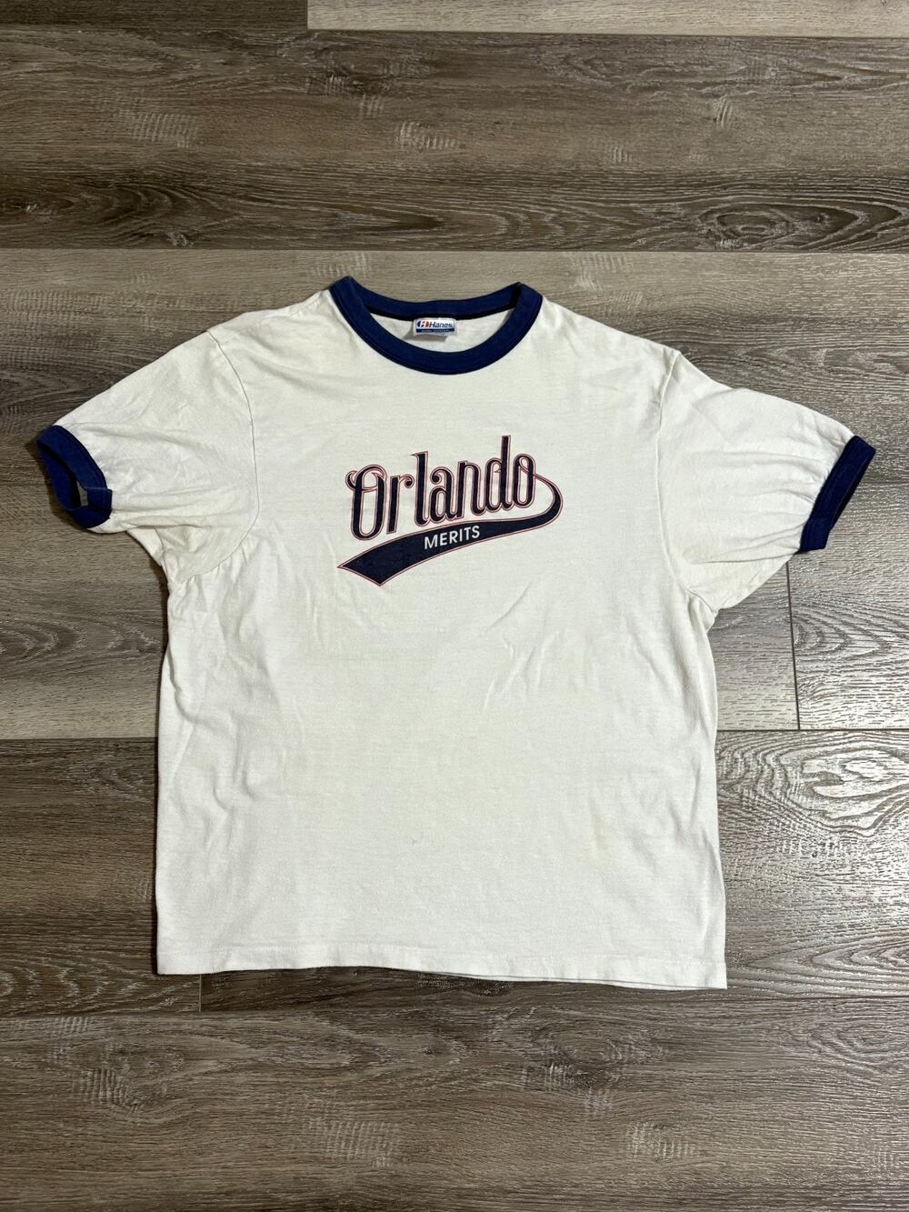 Vintage 80s Hanes Orlando Merits Ringer Shirt Retro Made In USA - Men’s Medium